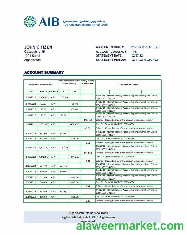 Afghanistan International Bank (AIB) bank statement template in Excel and PDF format